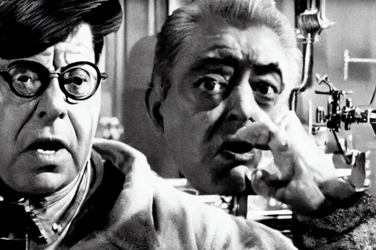 Prompt: a cinematic portrait of jerry lewis fusing with a mechanical monstrosity, hyperdetailed, fritz lang and shinya tsukamoto, 8 k, hd, high resolution, 8 5 mm, f / 1. 8