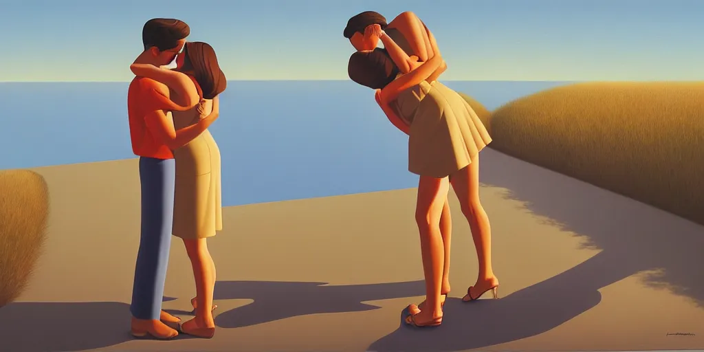 Image similar to the kiss, blue sky, summer evening, kenton nelson