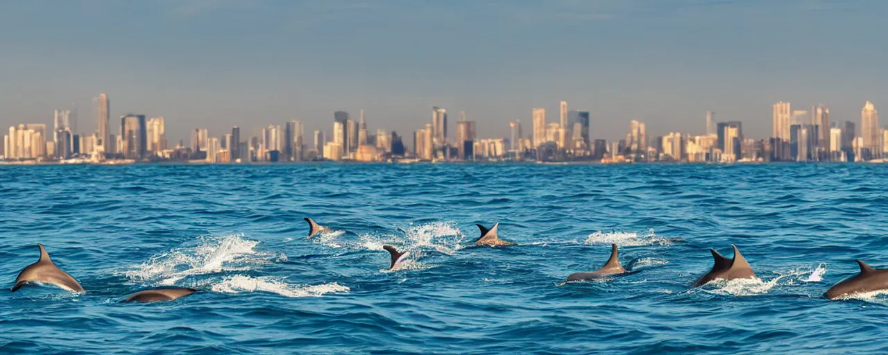 Image similar to pod of dolphins with tails swimming in a calm tropical ocean with a distant coastal city skyline visible in the background at night with a clear star filled sky