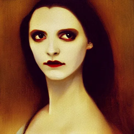 Prompt: A beautiful painting of a lady vampire, victorian, dracula, ominous, oil on canvas, photorealism, Johann Heinrich Füssli, irwin penn, high definition, soft light