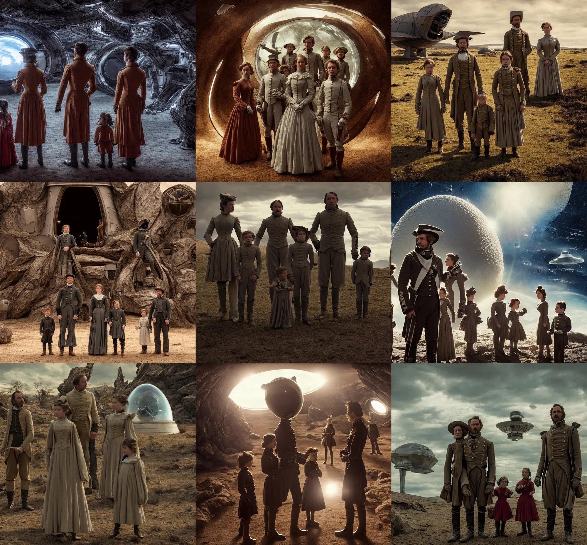 Prompt: sharp, highly detailed, film from a 2 0 1 9 sci fi 8 k movie, set in 1 8 5 0, a family standing in front of their spaceship that has just landed on an alien planet, wearing 1 8 5 0 s clothes, atmospheric lighting, in focus, reflective eyes, 3 5 mm macro lens, live action, nice composition