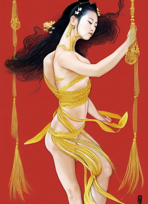 Prompt: full body portrait of a dancer throwing silk belts, feet, barefoot, full body, slightly tanned, vivacious, extremely beautiful, gold jewelry, hanfu, chinese ribbon dance, wide ribbons, silk belt, ming dynasty, detailed, realistic face, anatomically accurate, fantasy illustration, dnd, artstation, wlop.