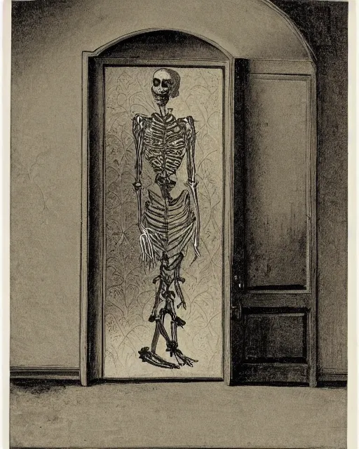 Image similar to a woman standing in a doorway, made of intricate decorative lace leaf skeleton, in the style of the dutch masters and gregory crewdson, dark and moody