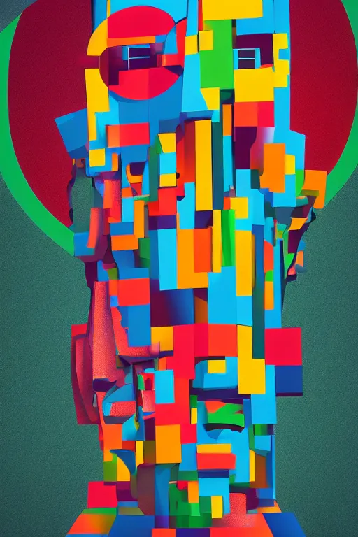 Image similar to cubist moai statue cutout digital illustration cartoon colorful beeple