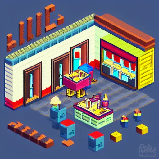 Image similar to isometric 1 6 bit pixel art ice cream shop, cyberpunk, kai vermehr