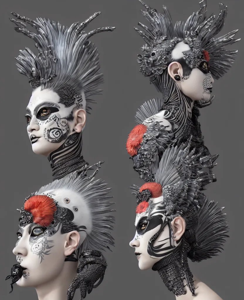 Image similar to 3 d goddess close - up profile portrait punk with mohawk with ram skull. beautiful intricately detailed japanese crow kitsune mask and clasical japanese kimono. betta fish, jellyfish phoenix, bio luminescent, plasma, ice, water, wind, creature, artwork by tooth wu and wlop and beeple and greg rutkowski