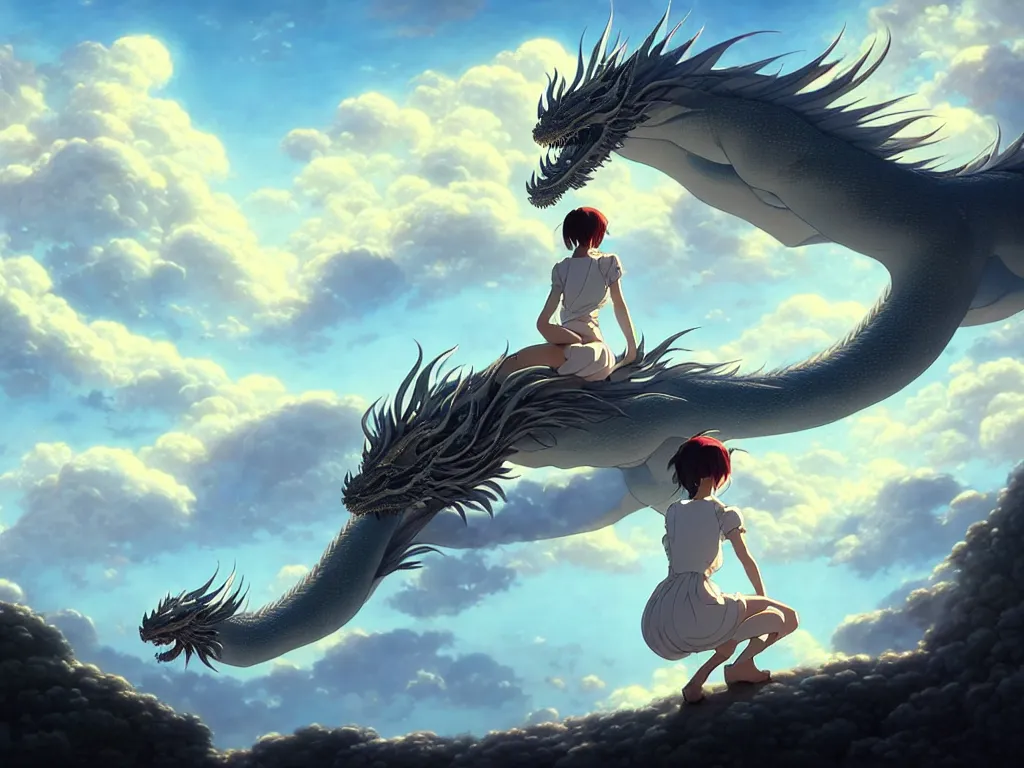 Prompt: a vast scene, panorama distant view, hyper detailed scene render of a beautiful girl sit on a huge silver dragon back, in the white clouds fairyland, finely detailed angelic face, style of makoto shinkai, xision, james jean and peter mohrbacher, studio ghibli, artgerm, karol bak, beeple, 4 k hd, animation style