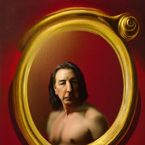 Image similar to Alan Rickman full body laying in a blood red pool of water between a golden mirror frame, outside is space and inside the mirror frame is a beautiful landscape., physically accurate, dynamic lighting, intricate, elegant, highly detailed, very very Roberto Ferri, sharp focus, illustration, art