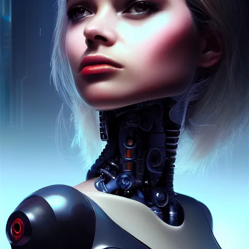 Prompt: portrait of beautiful girl with robot body, close up, portrait, cinematic, elegant, artstation, intricate, highly detailed, digital painting, artstation, concept art, sharp focus, illustration, cyberpunk, cgsociety, 8 k