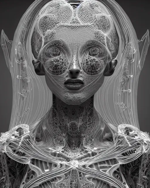 Image similar to mythical dreamy black and white organic bio - mechanical spinal ribbed profile face portrait detail of translucent steampunk beautiful female angelic - human - queen - vegetal - cyborg, highly detailed, intricate crystal ivy jelly ornate, poetic, translucent roses ornate, 3 d render, digital art, octane render, 8 k artistic photography, photo - realistic, by dora maar