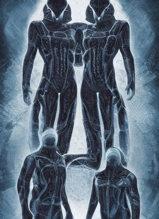 Image similar to symmetrical astronauts in dark and empty void underwater - complex and hyperdetailed technical suit. reflection and dispersion materials. rays and dispersion of light. volumetric light. 5 0 mm, f / 3 2. noise film photo. flash photography. ultra realistic, wide angle. poster by wayne barlowe, hajime sorayama aaron horkey, craig mullins