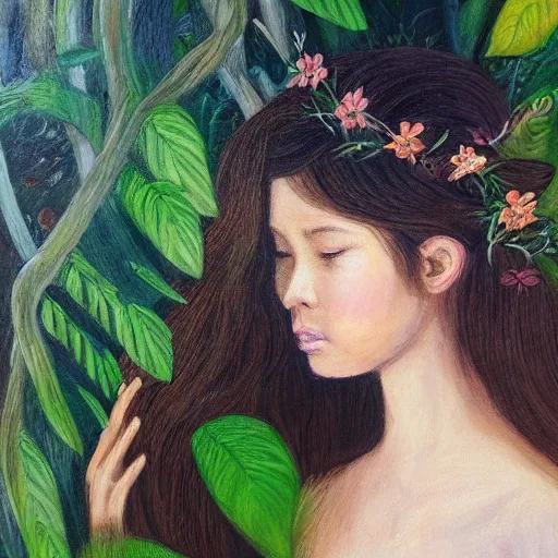 Image similar to a girl in a jungle smelling flowers, her hair flowing down, subtle, intricate details, real masterpiece, oil on canvas, by somsak anong