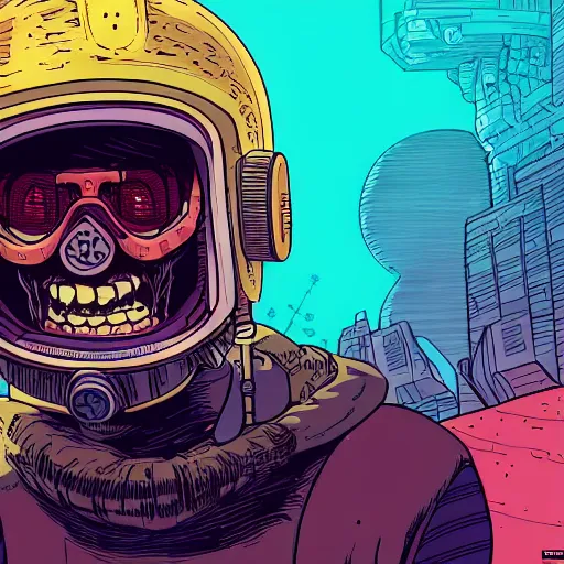 Prompt: in the style of max prentis and deathburger and laurie greasley close up of a smiling young explorer wearing a cyberpunk headpiece, highly detailed, intricate details, adventure time colour palette, 8k wallpaper