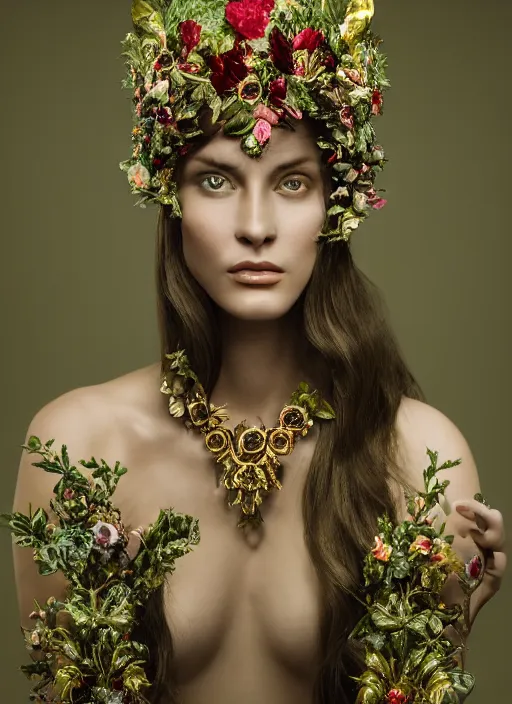 Image similar to full body environmental portrait photo of a young and beautiful female model, ornate headpiece made from flowers, ornaments, glamour shot by gemmy woud - binnendijk, chris knight, photorealistic, canon r 3, fashion photography, ornate, symmetrical features, octane render, unreal engine, solid dark background, clamp shell lighting, rim lighting