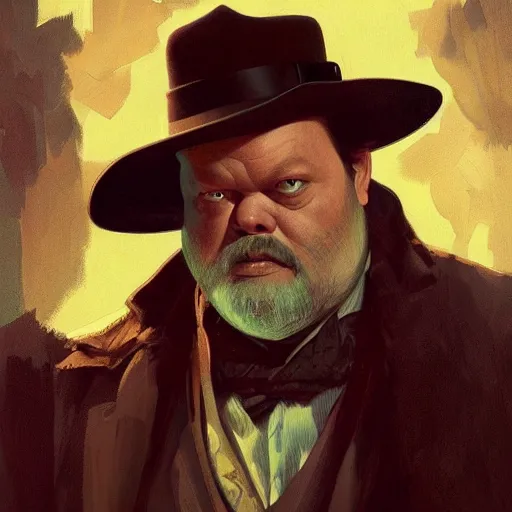 Prompt: orson welles, portrait, western, steampunk, duster, fantasy, intricate, elegant, highly detailed, digital painting, artstation, concept art, sharp focus, illustration, art by artgerm and greg rutkowski and alphonse mucha