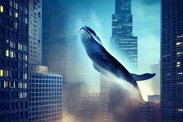 Image similar to whale flying over a building at night time, wearing fashion clothing, id magazine, hyperrealism, detailed textures, photorealistic, newyork city, ultra realistic, cinematic, intricate, cinematic light, unreal engine 5, octane render, david kostic, artgerm