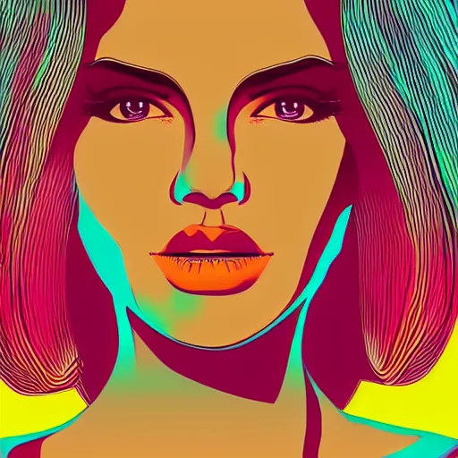 Prompt: a close up of a beautiful woman, in retro colors, synthwave style, 2 d digital vector art