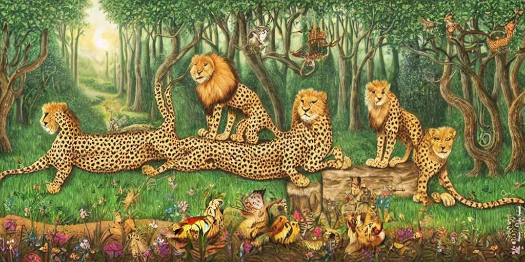 Image similar to cheetah and lion in front of birthday table in fairytale forest , huge scale, high detail, intricate by Axel Scheffler