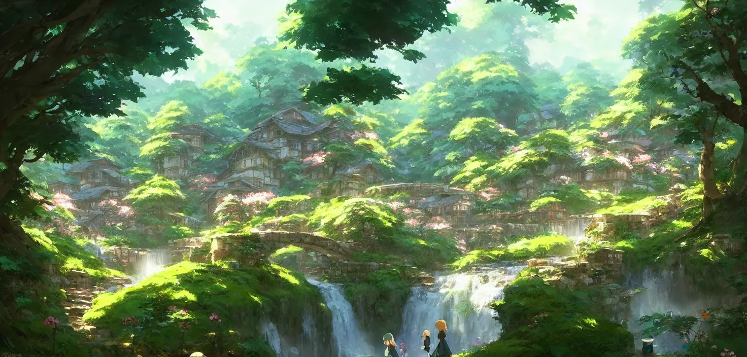 Prompt: village in the woods with a flower garden near a waterfall, stone footbridge, gapmoe kuudere moody lighting stunning bokeh highlights sharp contrast | trending pixiv fanbox | by greg rutkowski makoto shinkai takashi takeuchi studio ghibli