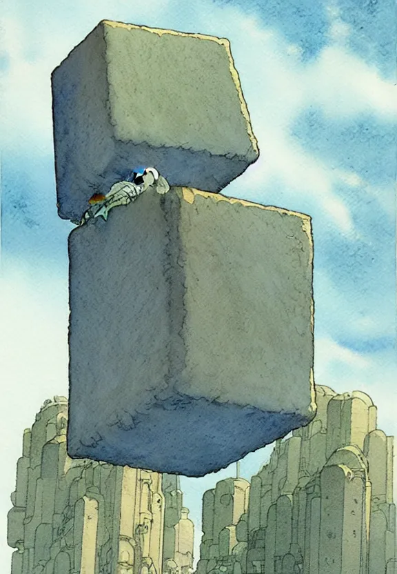 Image similar to a simple watercolor fantasy concept art of a giant sc - fi grey cube floating in the air. by studio ghibli, rebecca guay, michael kaluta, charles vess