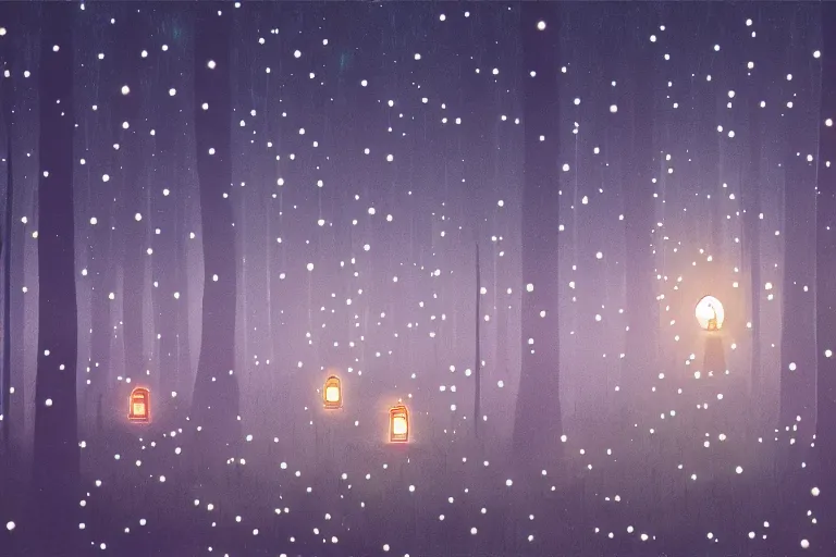 Prompt: Forest at night with floating lights, magical, by Studio Ghibli