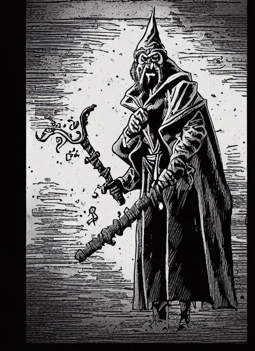 Prompt: highly detailed, hyper realistic wizard with a dungeon background by mike mignola