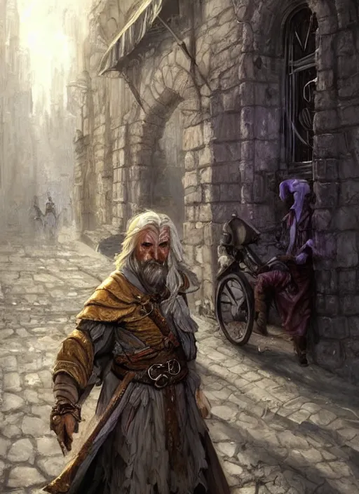 Prompt: poor beggar on the streets, bright, white, ultra detailed fantasy, dndbeyond, bright, colourful, realistic, dnd character portrait, full body, pathfinder, pinterest, art by ralph horsley, dnd, rpg, lotr game design fanart by concept art, behance hd, artstation, deviantart, hdr render in unreal engine 5