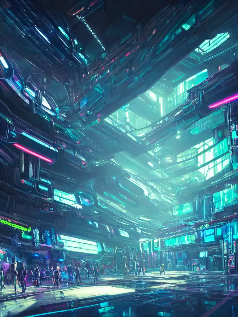 Image similar to the interior of a celestial spaceship cyberpunk hangar in a bioluminescent walls decorated beautifully, lots of cyberpunk design elements like humanoids and mecha robots, warm sunlight shining in, lots of cables and neon signs, concept art 8 k resolution, fantasy illustration, sharp focus, detailed painting, deep color, volumetric lighting, crepuscular rays