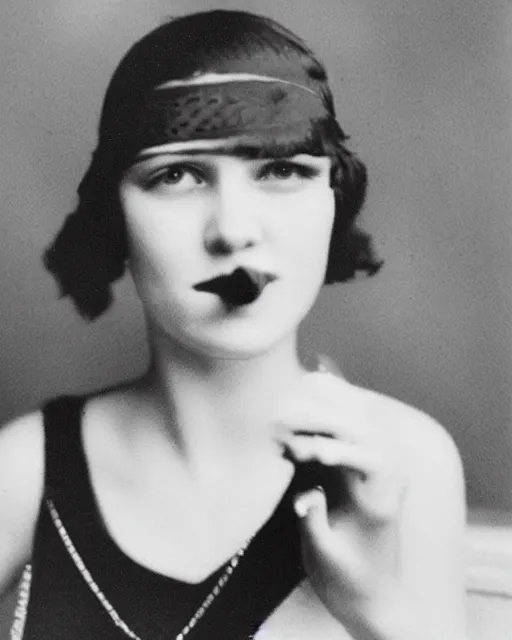 Prompt: 1 9 2 0 s photo of a beautiful flapper girl smoking a juul ecig vape