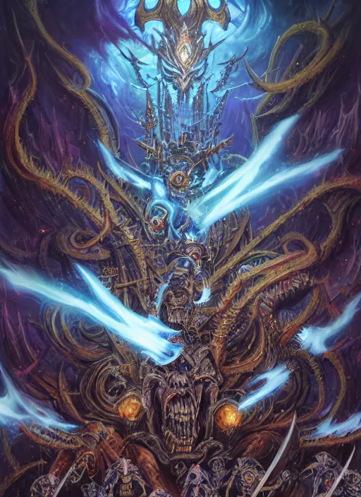 Prompt: wide shot of a changer of ways tzeentch, evil warp energy, intricate, warhammer, warhammer 4 0 k, highly detailed, digital painting, concept art, sharp focus, illustration, psychedelic, grim dark, moody, gloomy, art by john blanche, by pedro nunez, by jaime martinez, by nacho molina