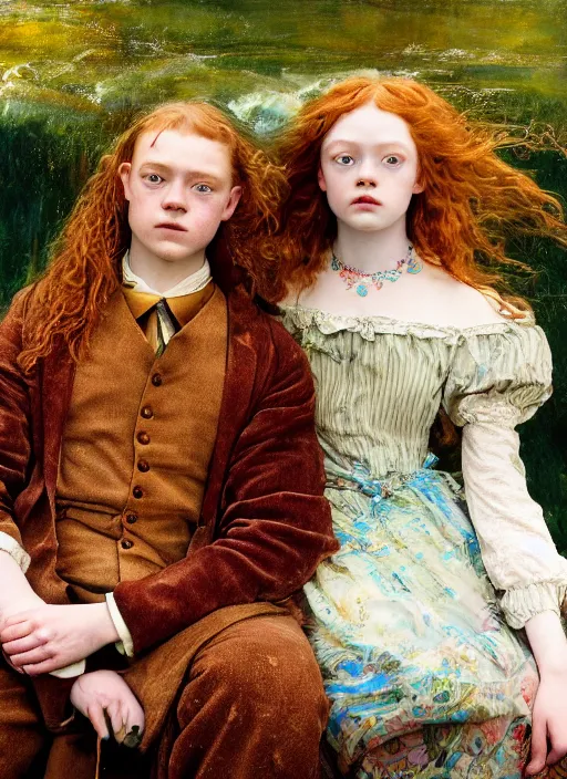 Prompt: sadie sink detailed colourful masterpiece of intricate preraphaelite photography couple portrait sat down extreme closeup, love, inside a full underwater train, detailed realistic expressions, wearing unusual clothes, by ford madox brown and william powell frith and frederic leighton and john william waterhouse and william morris, ultra wide angle