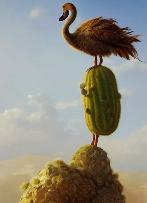 Image similar to A dodo bird perched atop a cactus in the desert, digital art, trending on Artstation, high detail, sharp focus, illustration, art by artgerm and greg rutkowski and alphonse mucha.