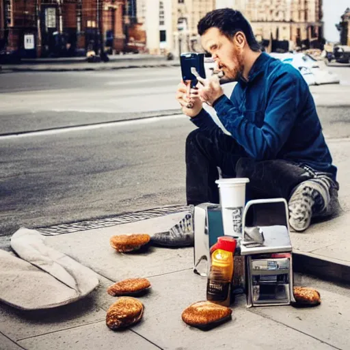 Image similar to time stop photo of man stumble and drop all his coffe food