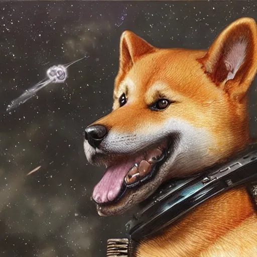 Prompt: The Shiba Inu Space Marine, close-up portrait art by Donato Giancola and James Gurney, digital art, trending on artstation