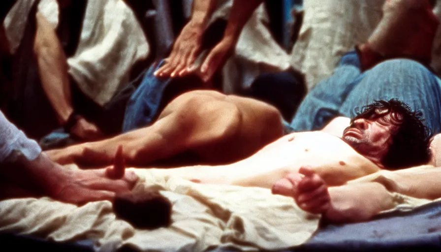 Prompt: 1 9 7 0 s movie still of the death of jean - paul marat, cinestill 8 0 0 t 3 5 mm, high quality, heavy grain, high detail, panoramic, cinematic composition, dramatic light, ultra wide lens, anamorphic