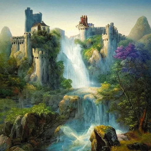 Image similar to romanticism landscape painting portraying a castle built on top of a singular mountain peak with its moat turning into waterfalls,beautiful scenery