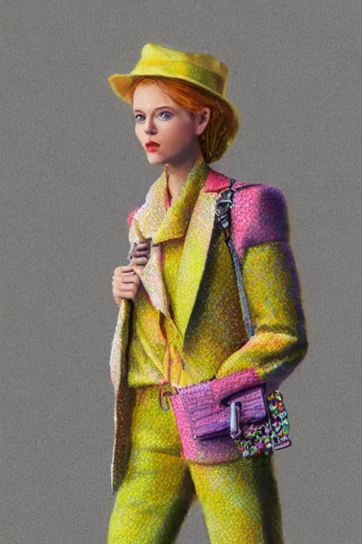 Prompt: a scene with a character wearing a super colorful muted color diy! suit, with a lot of pockets and details, super intricate jewelry, vivienne westwood!, detailed photoreal render octane render, pointillism, oil on canvas