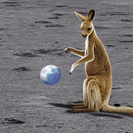 Image similar to A kangaroo is beating up on a moon base with a huge earth in the background