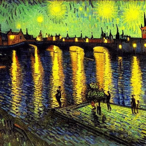 Prompt: the charles bridge painting by Van Gogh, detailed painting, night vibe