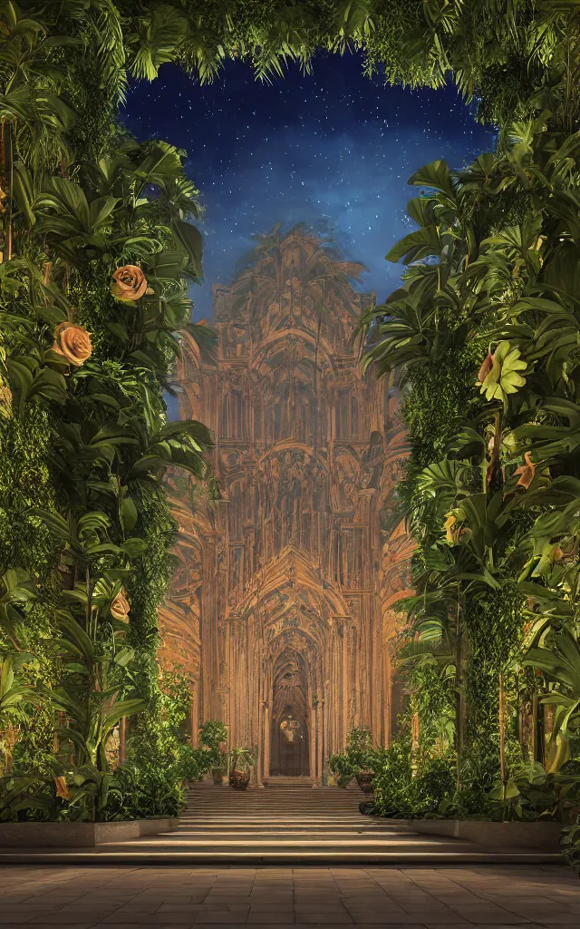 Image similar to cathedral interior at night with koi pond in the middle surrounded by palm trees, ivy, flowers, tropical plants, roses, and with archways, rendered in octane render with photorealistic lighting, cinematic, horizontal symmetry, stars in the sky, baroque, sanctuary, unsplash contest winner, maximalism, sanctuary