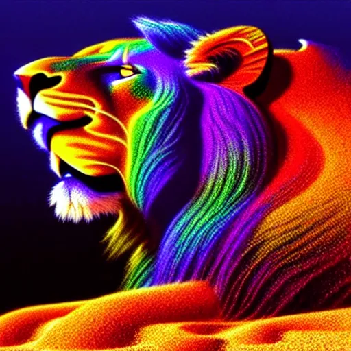 Image similar to lion made of rainbow sand, multicolor, colour in fringes, very colourful, volumetric light, cinematic, extremely detailed, cgi, trending on artstation, hyper realistic, hd wallpaper, sharp, michael whelan, ted nasmith