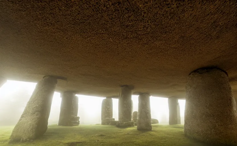 Prompt: incredible wide shot of the interior of a neolithic temple in the forest, dusk, light fog