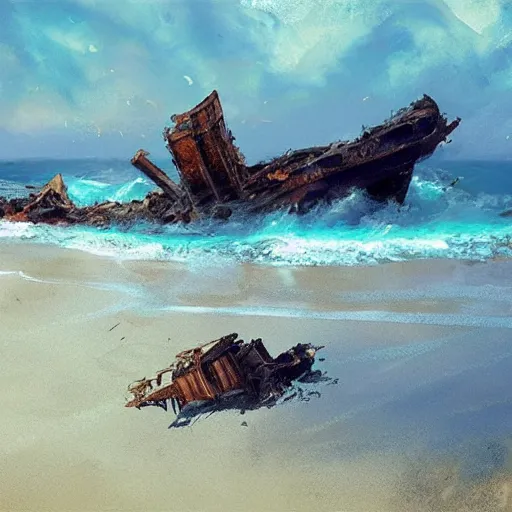 Image similar to shipwreck on a sandy beach on a sunny day, art by craig mullins, highly detailed, trending on artstation, award winning