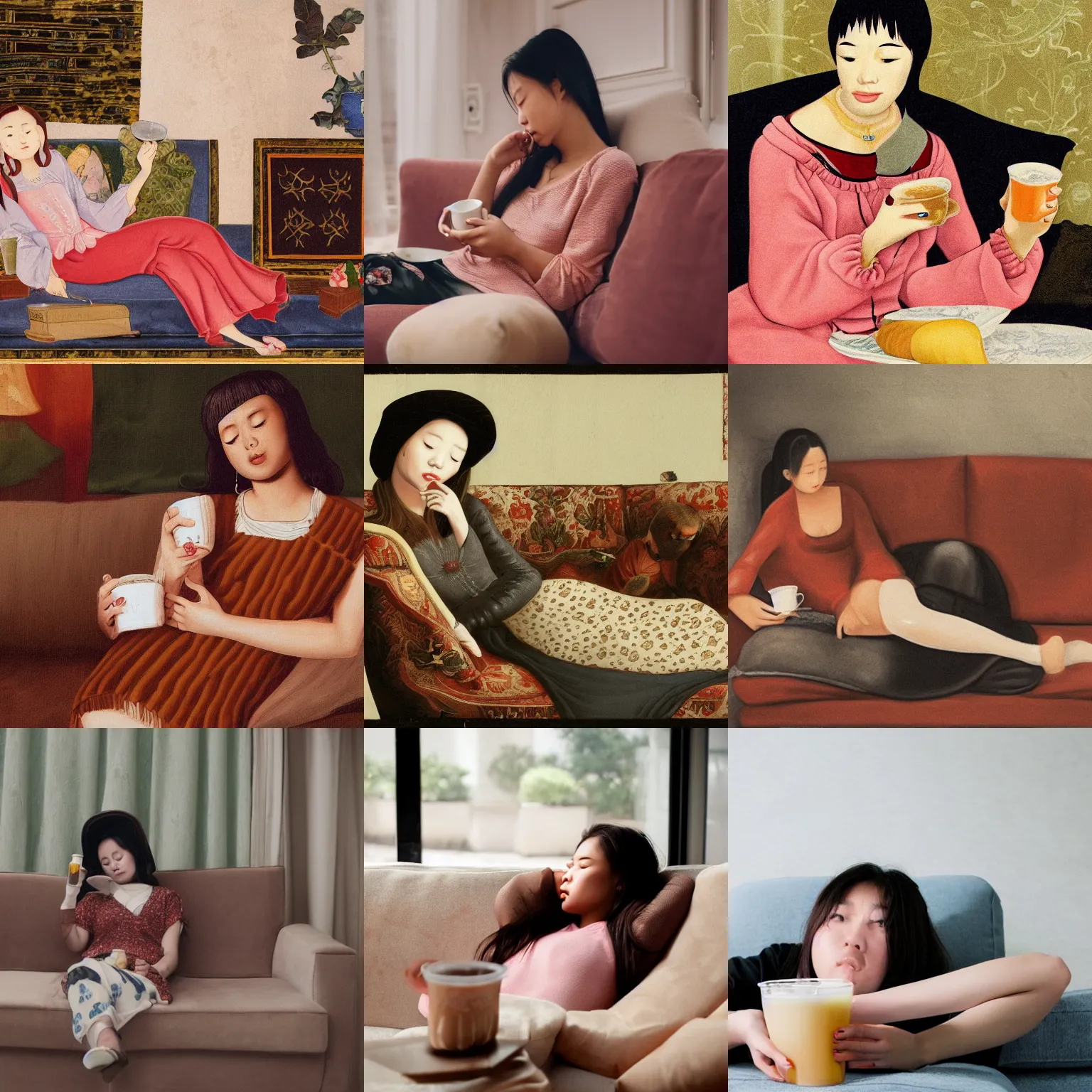 Prompt: a young woman collapsed on the sofa drinking milk tea, renaissance
