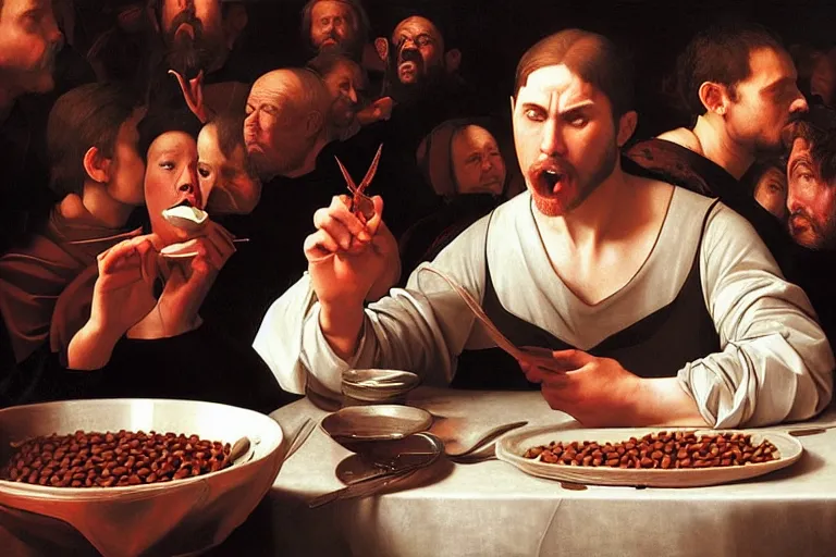 Prompt: a man eating beans in a crowded movie theater lit by the theater screen, a digital renaissance painting by artgerm by caravaggio and face by wlop