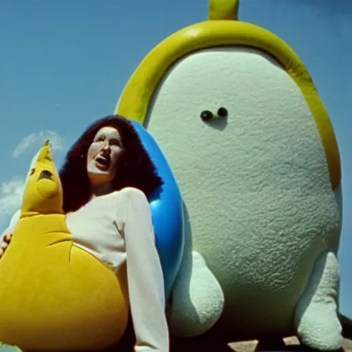 Prompt: Still from a 1970 film about a woman embracing an inflatable animal, color film 1973 John Waters Fellini