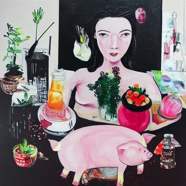 Image similar to “ a portrait in a female art student ’ s apartment, sensual, a pig theme, art supplies, paint tubes, ikebana, herbs, a candle dripping white wax, black walls, squashed berries, berry juice drips, acrylic and spray paint and oilstick on canvas, surrealism, neoexpressionism ”