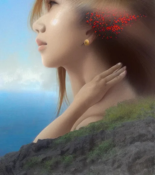 Prompt: close-up Lalisa Manobal bathing on Diamond Head volcano, thermal lava flowing down dark travertine terraces, intricate, elegant, luxurious, digital painting, concept art, smooth, sharp focus, from Star Trek 2021, illustration, by WLOP and Ruan Jia and Mandy Jurgens and William-Adolphe Bouguereau, Artgerm