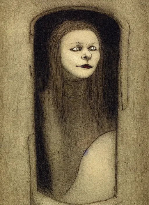 Image similar to a portrait of a pretty sewer punk young lady by alfred kubin