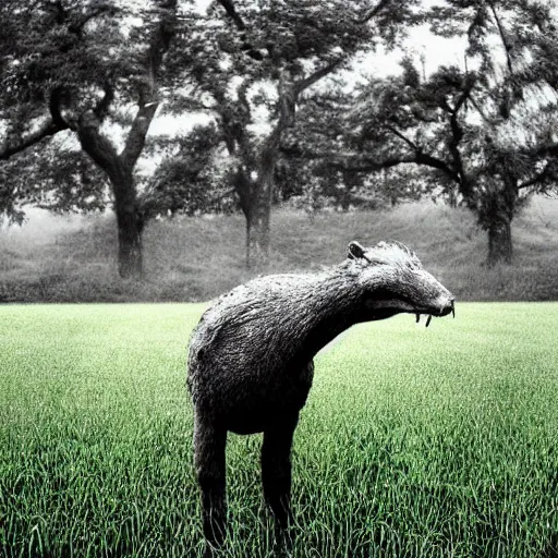 Image similar to A glitchy animal like creature standing in a lush green field, photograph, 2010 photograph, eerie